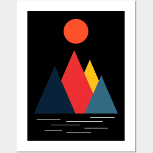 Minimalist Abstract Nature Art #47 Geometric, Linear, Colorful Mountains with Gentle Still Water Posters and Art